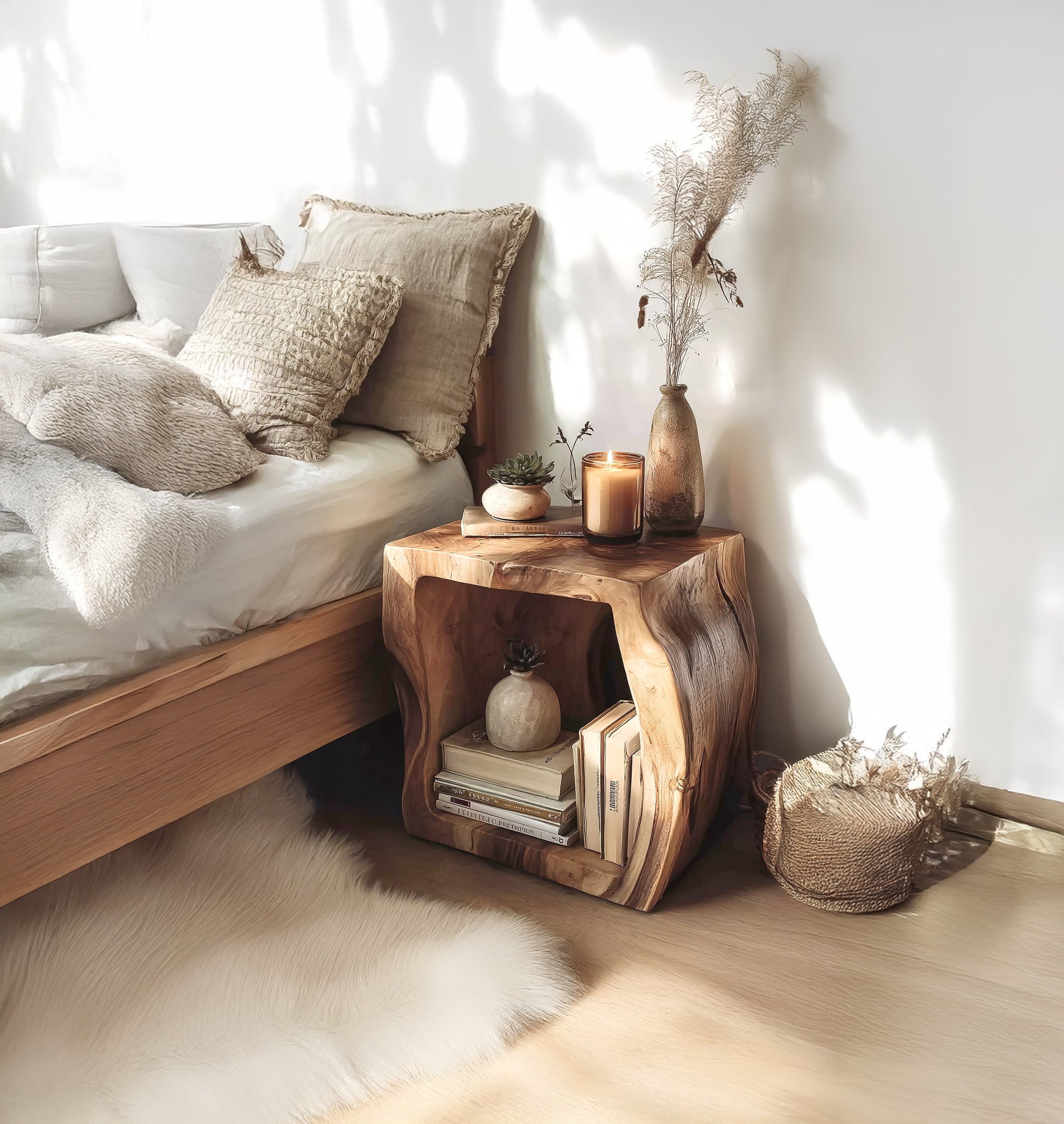 Live Edge Wooden Nightstand – Handmade Solid Wood Bedside Table with Shelf