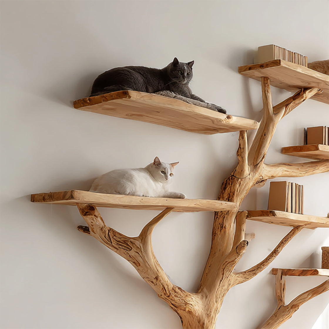 Handmade Wooden Cat Tree Bookshelf – Natural Solid Wood Multi-Level Shelves