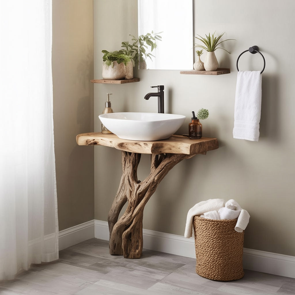 Rustic Solid Wood Bathroom Vanity with Natural Tree Root Base – Spa Style