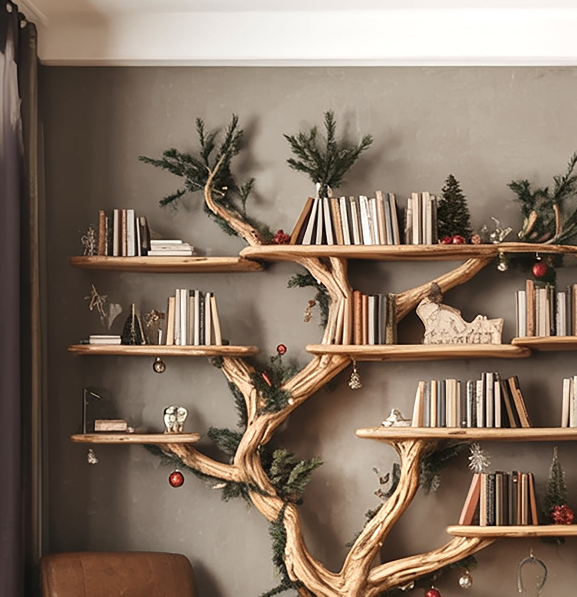 Rustic Tree Shaped Wooden Bookshelf with Branch Design for Living Room or Home Library