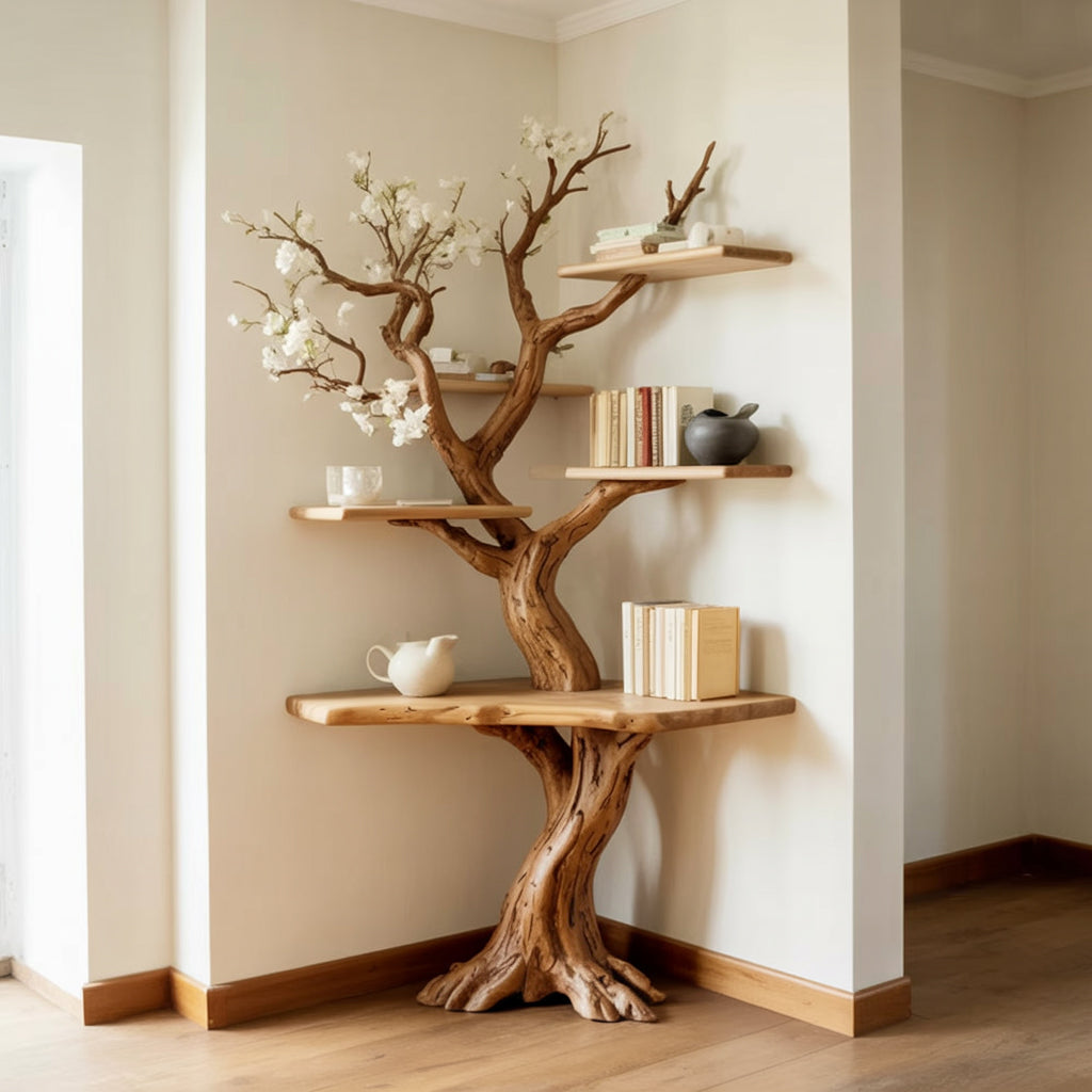 Bibliothèque Arbre d’Angle Rustique avec Bureau Intégré en Bois
