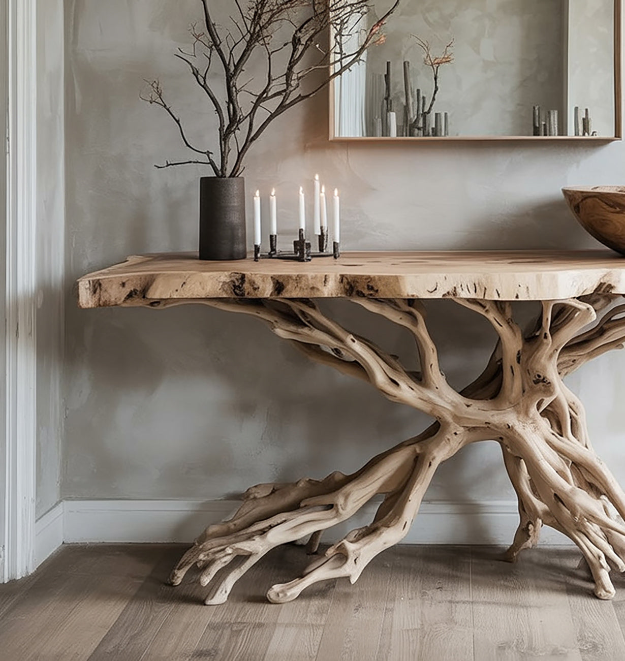 Live Edge Root Console Table – Handcrafted Natural Wood Entryway Table with Sculptural Base