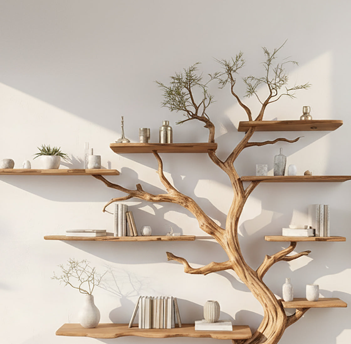 Tree Bookshelf – Handmade Wooden Branch Bookcase with Floating Shelves
