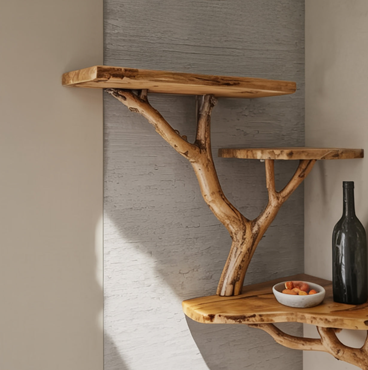 Handcrafted Driftwood Tree Branch Corner Bookshelf – Solid Wood Floating Shelf
