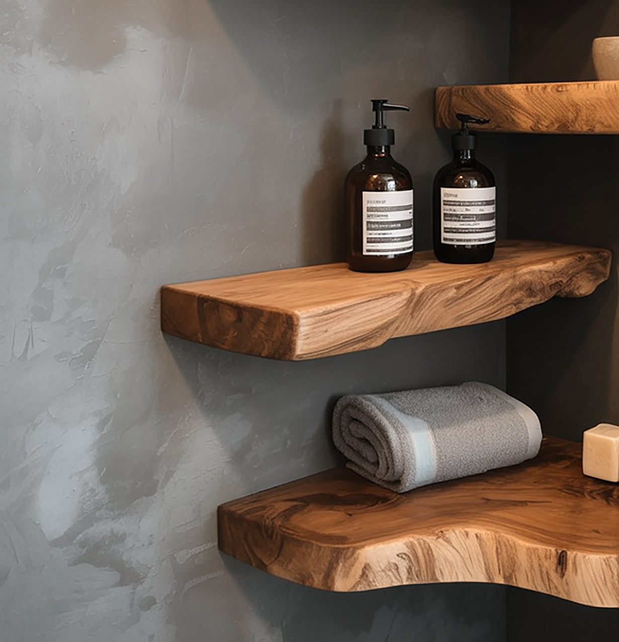 Live Edge Corner Floating Shelves – Handmade Solid Wood Wall Shelves