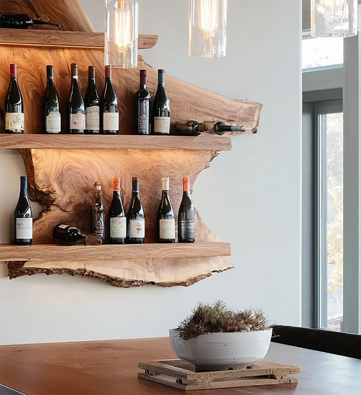 Live Edge Wooden Wine Rack Shelf – Handmade Solid Wood Wall Mounted Display