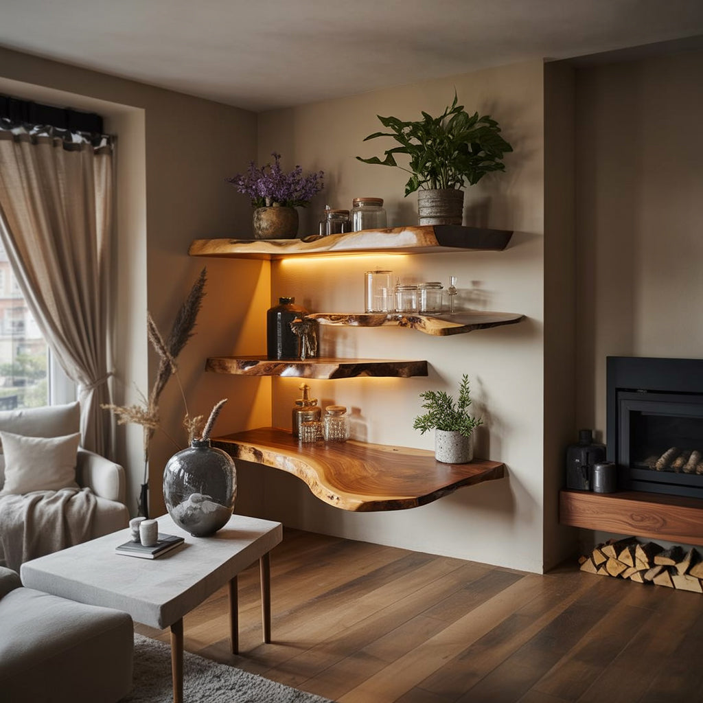 Étagères Flottantes Live Edge en Noyer – Décoration Murale en Bois Naturel