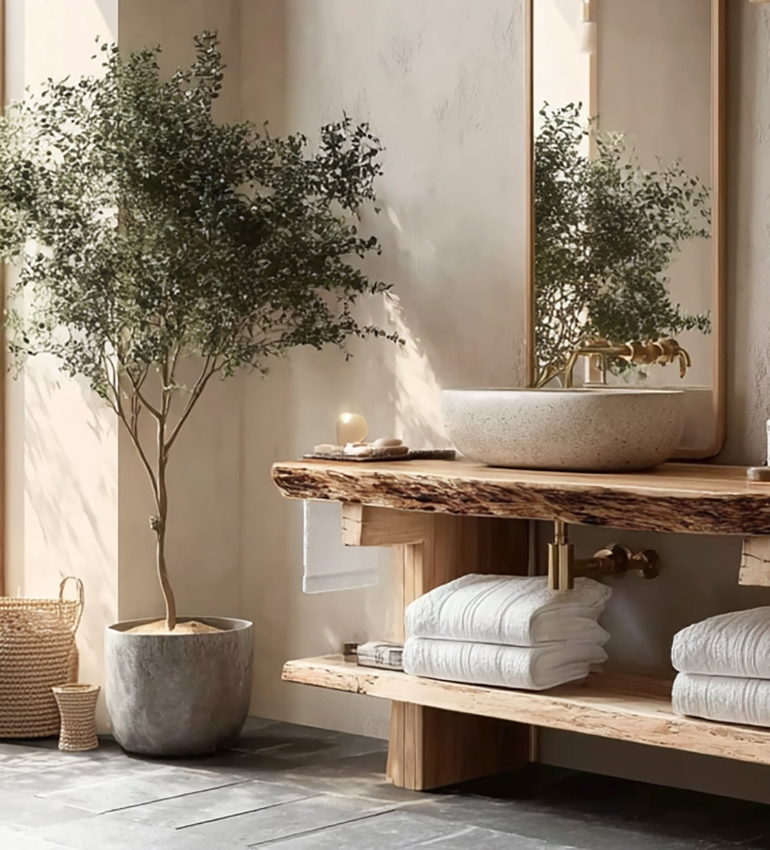 Live Edge Wood Bathroom Vanity – Handmade Rustic Solid Wood Sink Console with Shelf