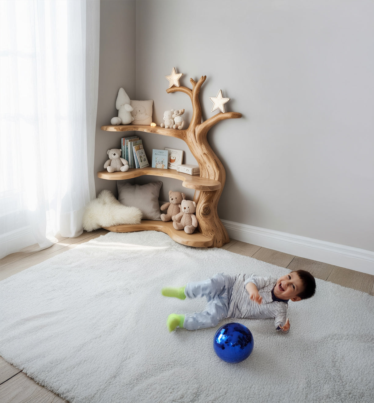 Handmade Wooden Tree Bookshelf for Kids – Rustic Corner Shelf for Nursery or Playroom