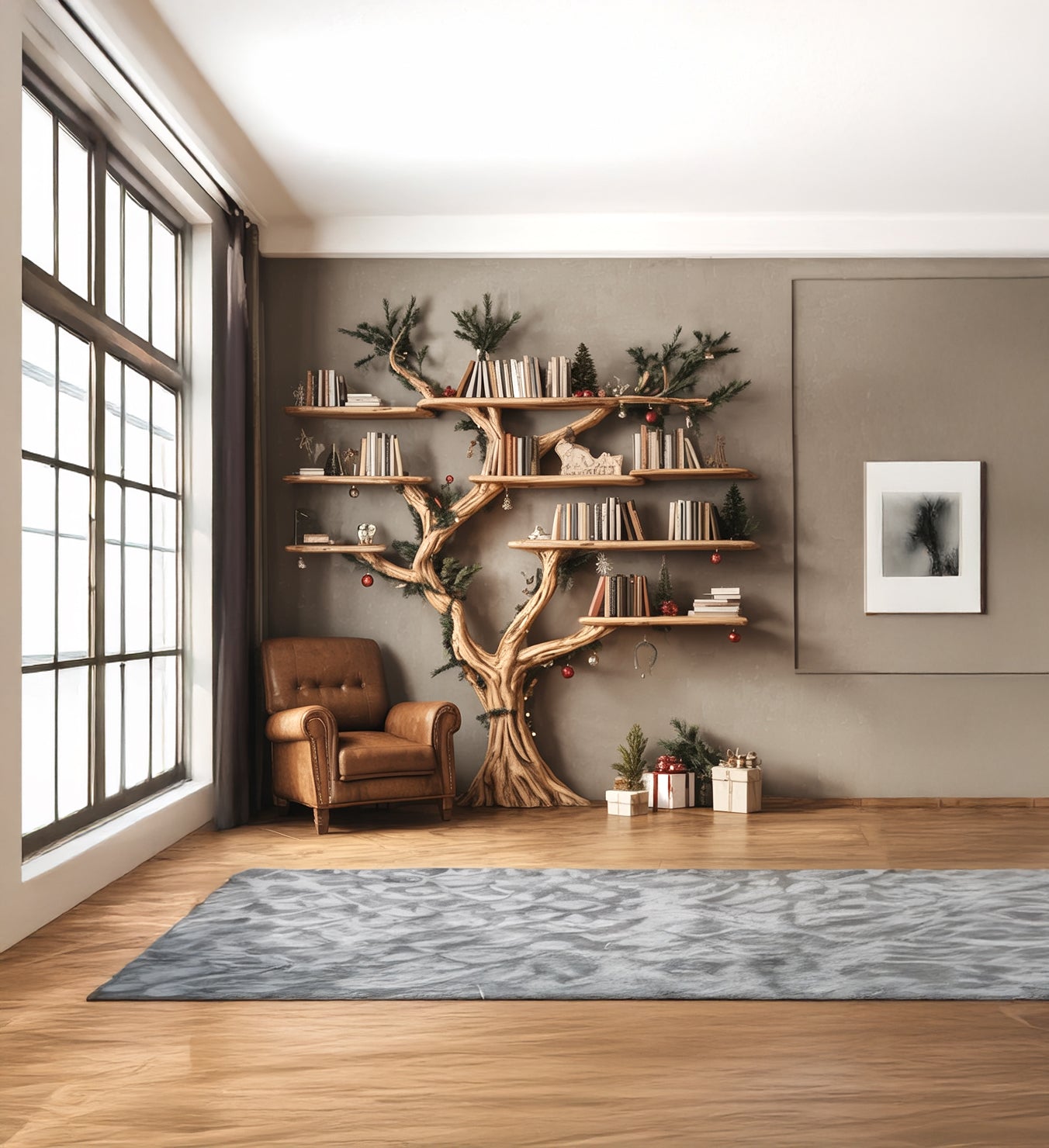 Rustic Tree Shaped Wooden Bookshelf with Branch Design for Living Room or Home Library