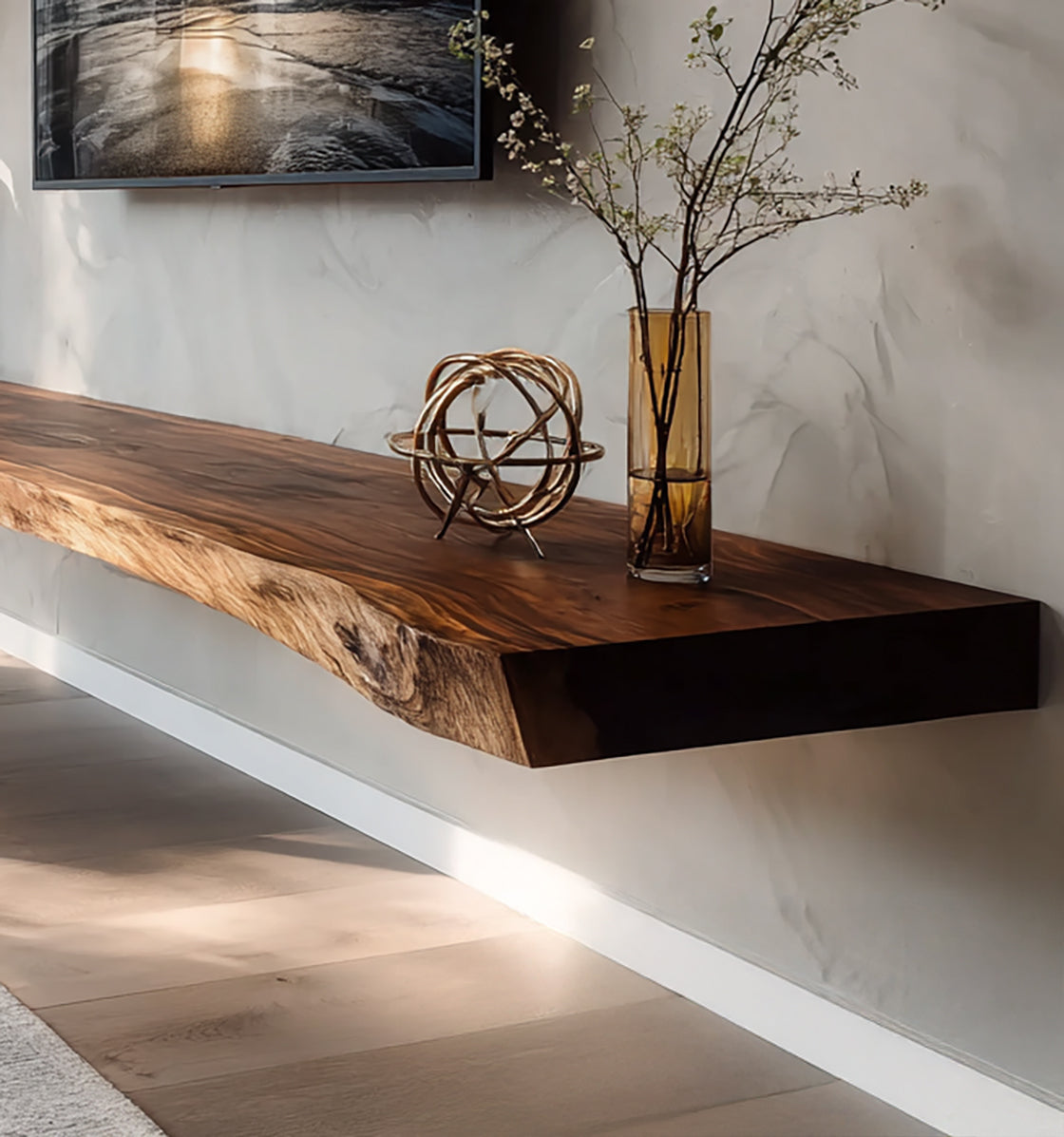 Rustic Live Edge TV Stand – Solid Walnut Floating Console & Handmade Wood Media Cabinet
