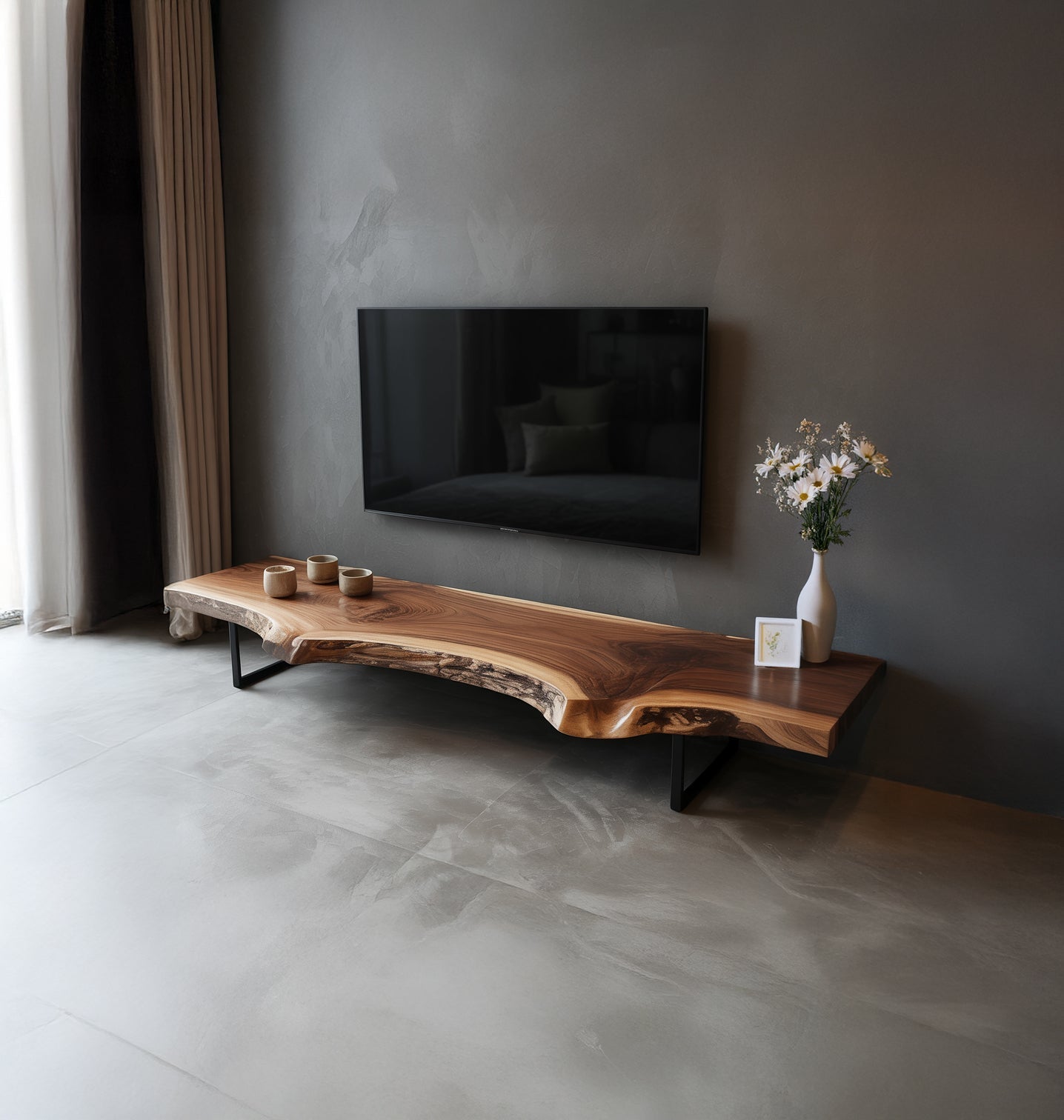 Rustic Live Edge TV Stand – Solid Walnut Floating Console, Handmade Media Cabinet