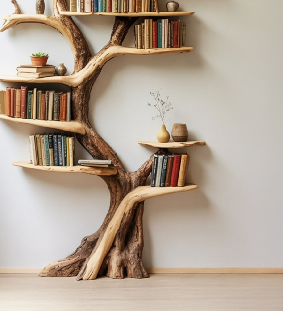 Tree Branch Bookshelf – Solid Wood Live Edge Floating Corner Shelf, Unique Bookcase