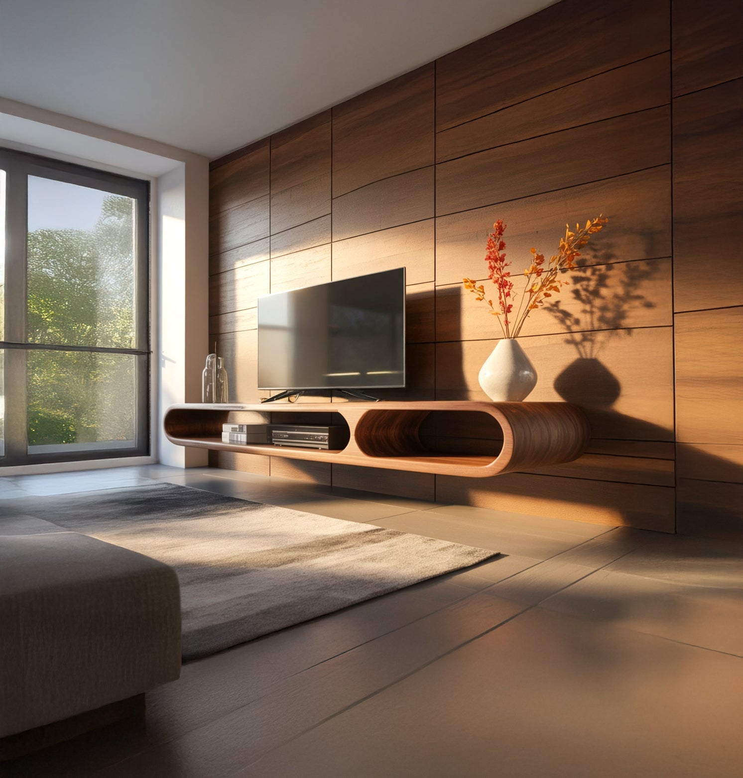 Modern Floating TV Stand – Curved Solid Wood Media Console, Handmade