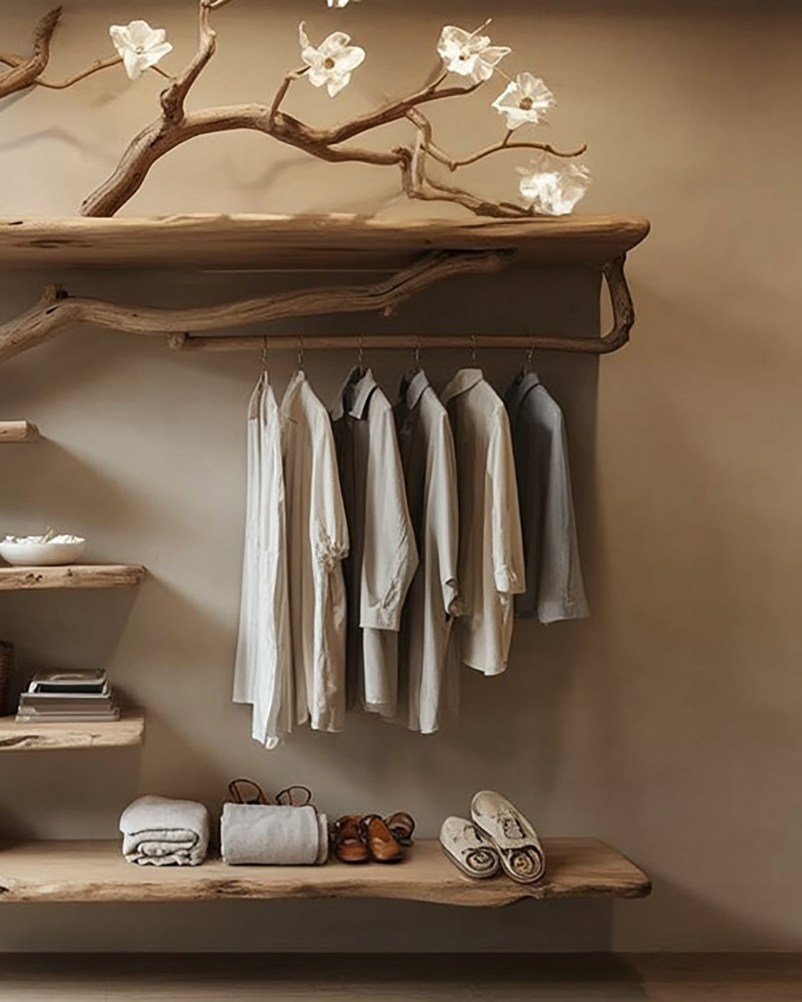 Rustic Tree Branch Corner Coat Rack – Standing Hanger with Shelves