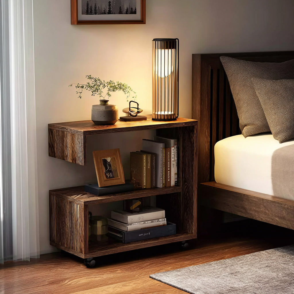 Movable Nightstand Table – 2 Tier Modern End Unit with Rolling Wheels, Compact Side Furniture