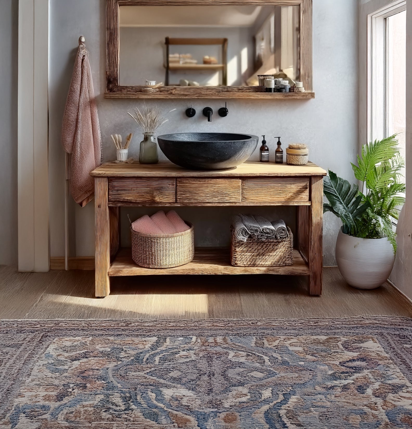 Wooden Rustic Handmade Bathroom Vanity – Live Edge Solid Wood Cabinet Sink Table Countertop