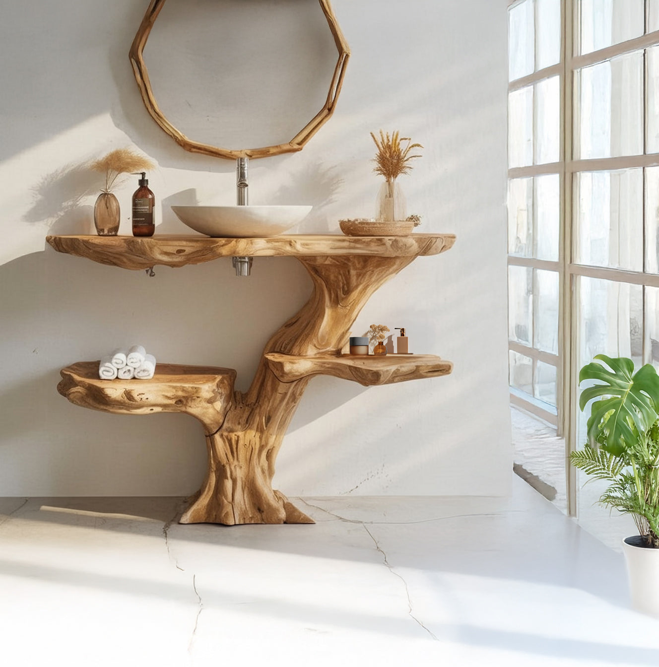 Rustic Wall Mounted Vessel Sink – Reclaimed Live Edge Wooden Bathroom Vanity