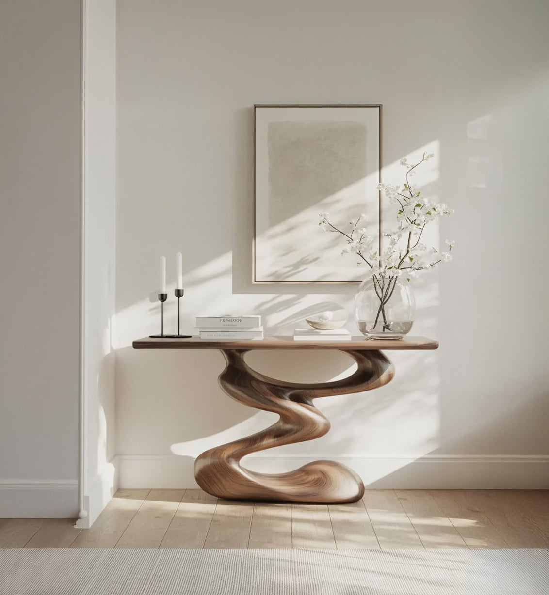 Artisan Solid Wood Console Table with Curved Sculptural Base – Minimalist Entryway Furniture