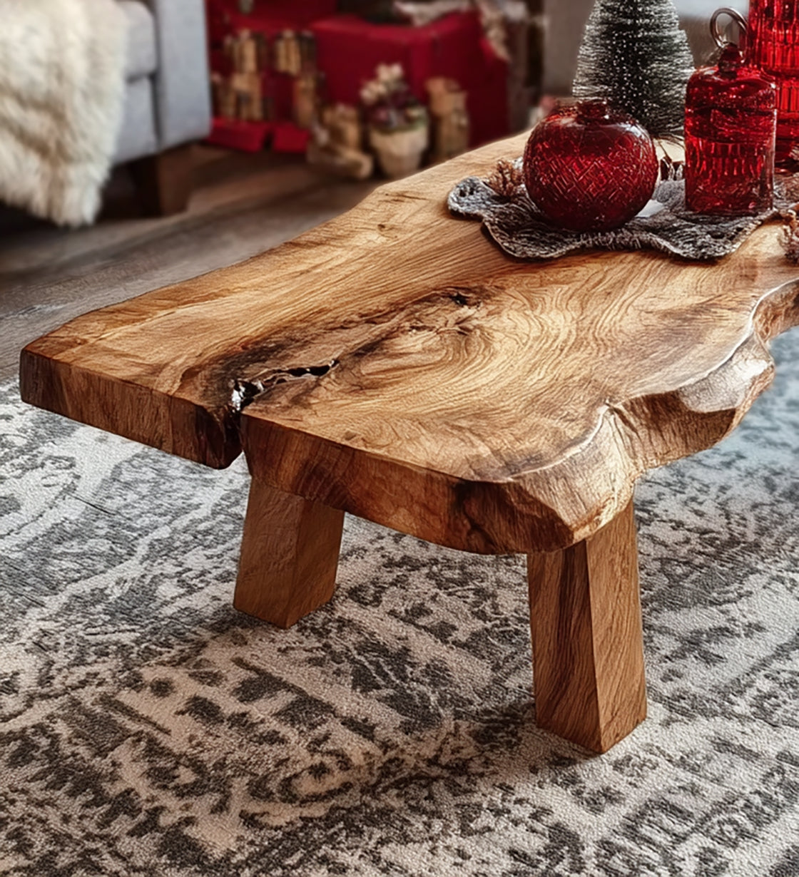 Live Edge Wooden Coffee Table – Rustic Handcrafted Solid Wood Mid Century Accent