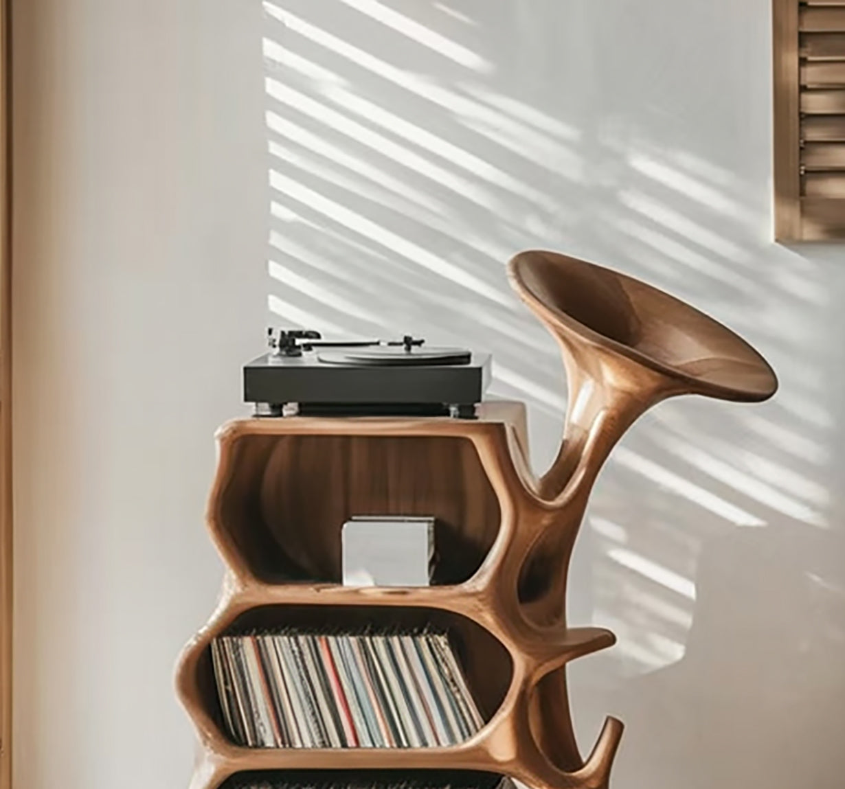 Organic Sculptural Solid Wood Vinyl Record Storage Cabinet with Integrated Turntable Stand