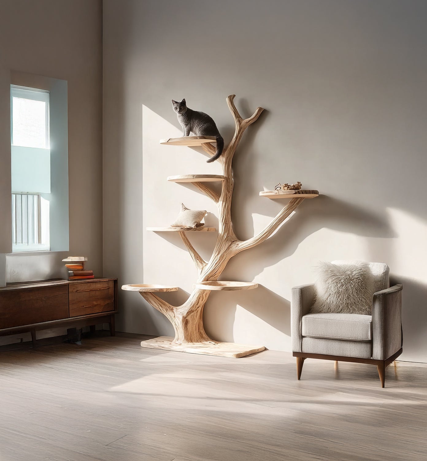 Handmade Wooden Cat Tree Tower – Solid Wood Multi-Level Rustic Cat Furniture
