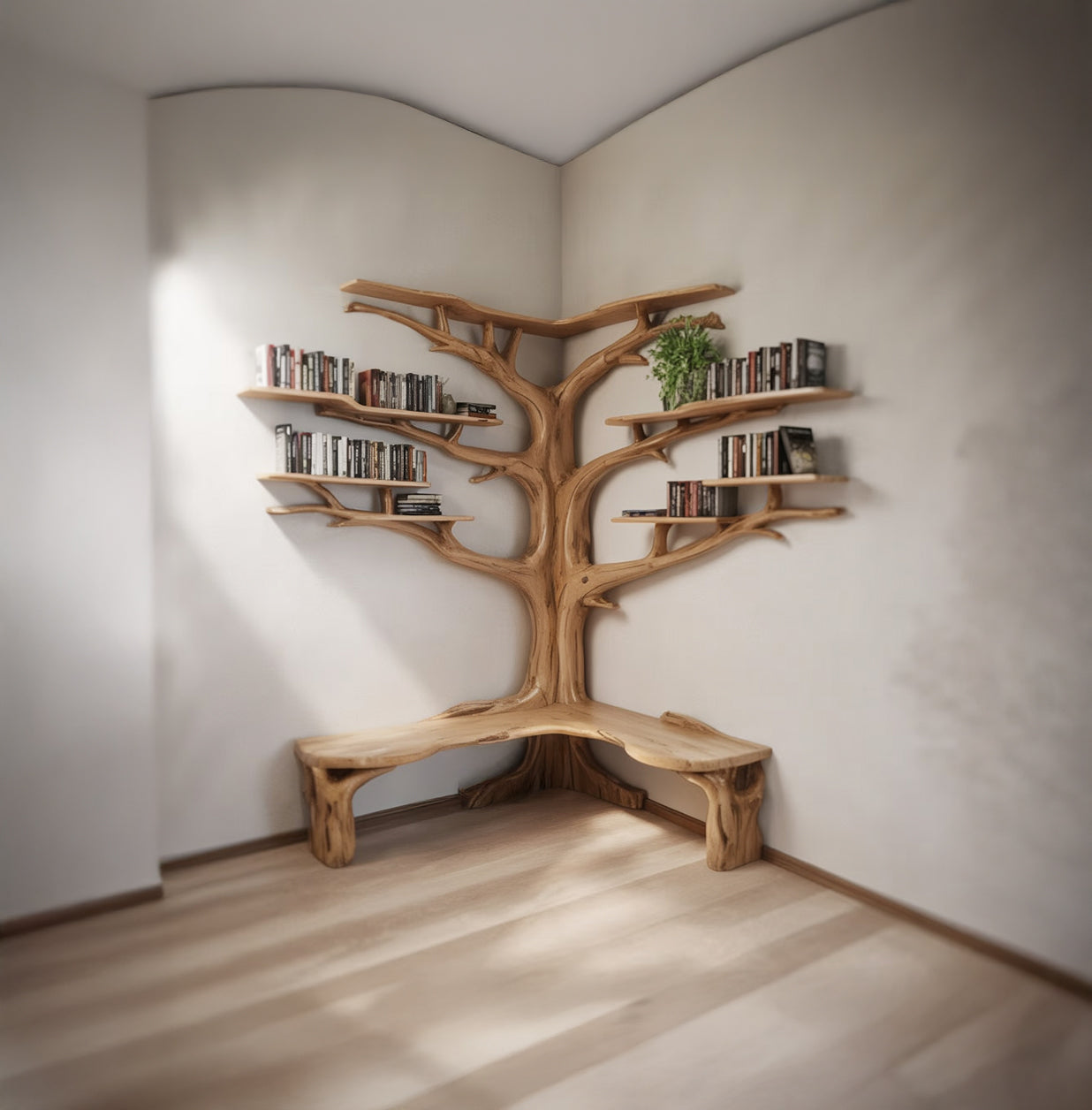 Wooden Tree Shelf Bench – Artistic Branch Bookshelf with Seating