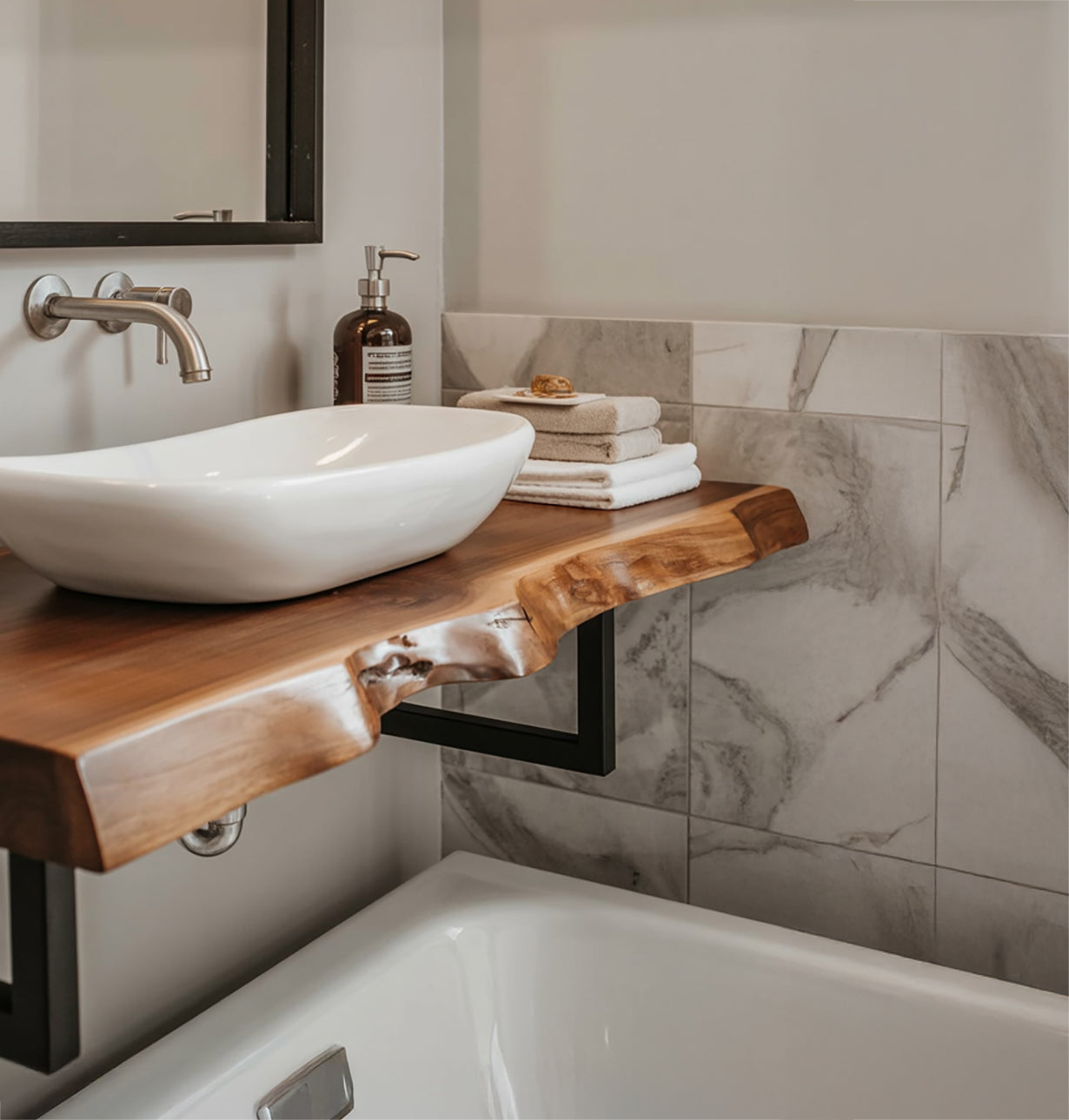 Rustic Live Edge Wooden Bathroom Vanity Shelf with Modern Metal Brackets