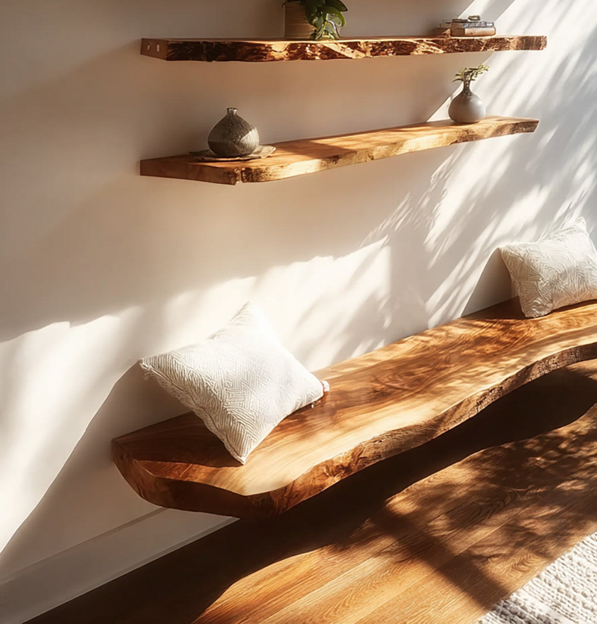 Étagères Flottantes Artisanales à Bord Vif – Étagère Murale en Bois Sculpté Ondulé