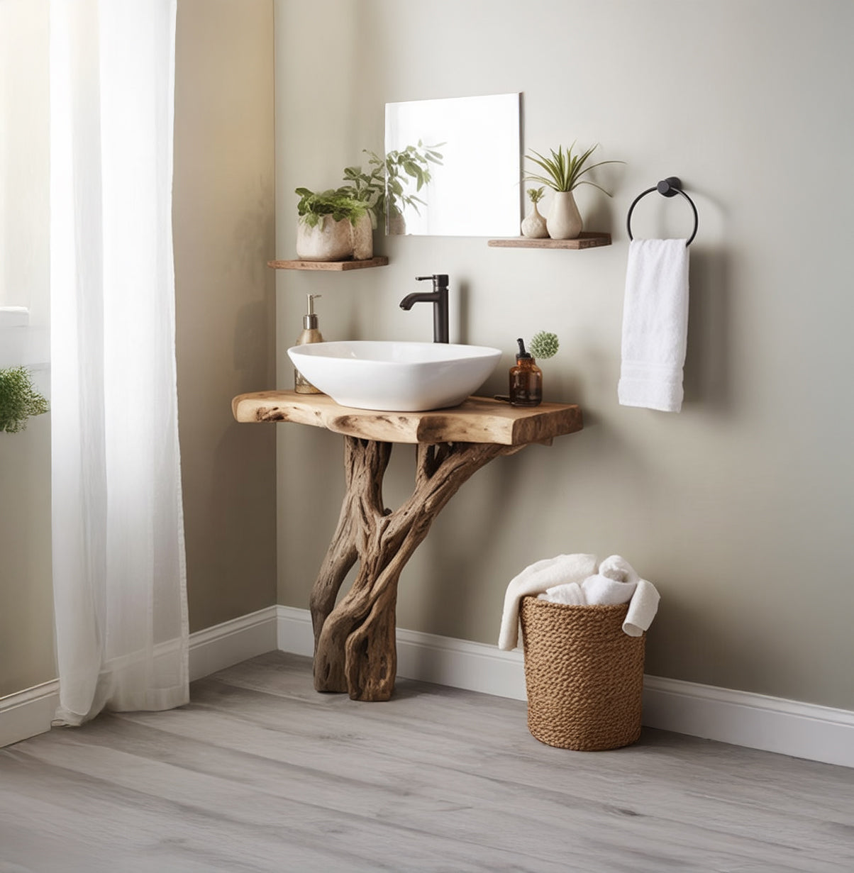 Rustic Solid Wood Bathroom Vanity with Natural Tree Root Base – Spa Style