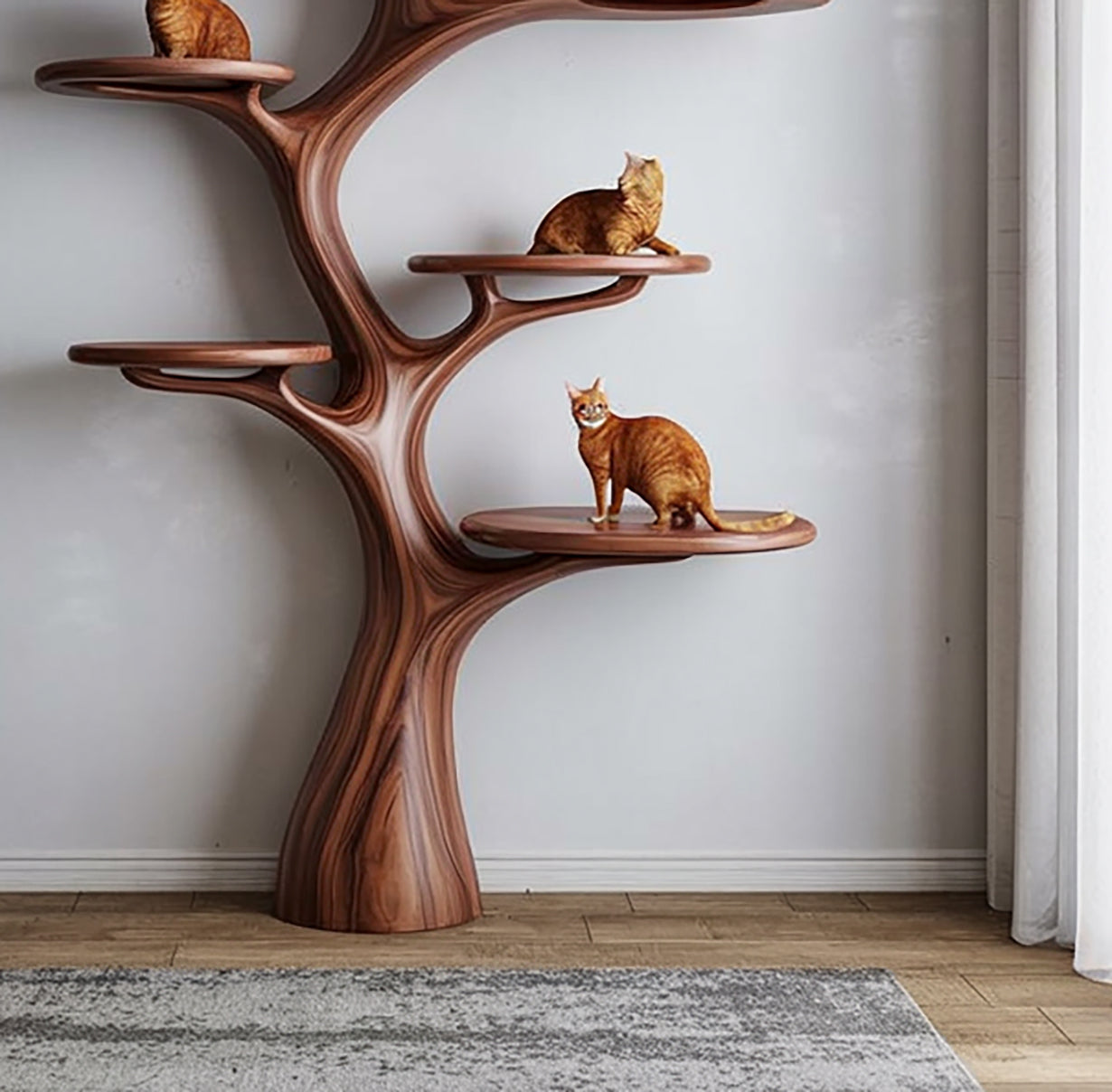 Arbre à Chat Artistique & Bibliothèque Murale en Bois Naturel
