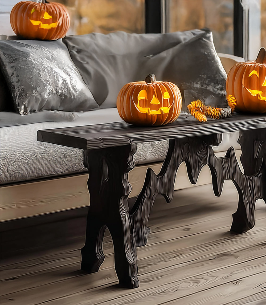 Console d’entrée gothique noire en bois rustique – Décor Halloween