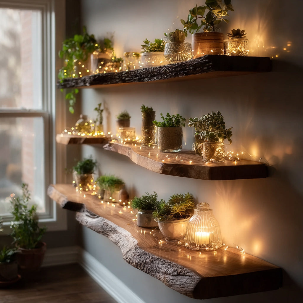 Étagère Flottante Live Edge en Bois Massif – Décoration Rustique pour Salle de Bain & Buanderie