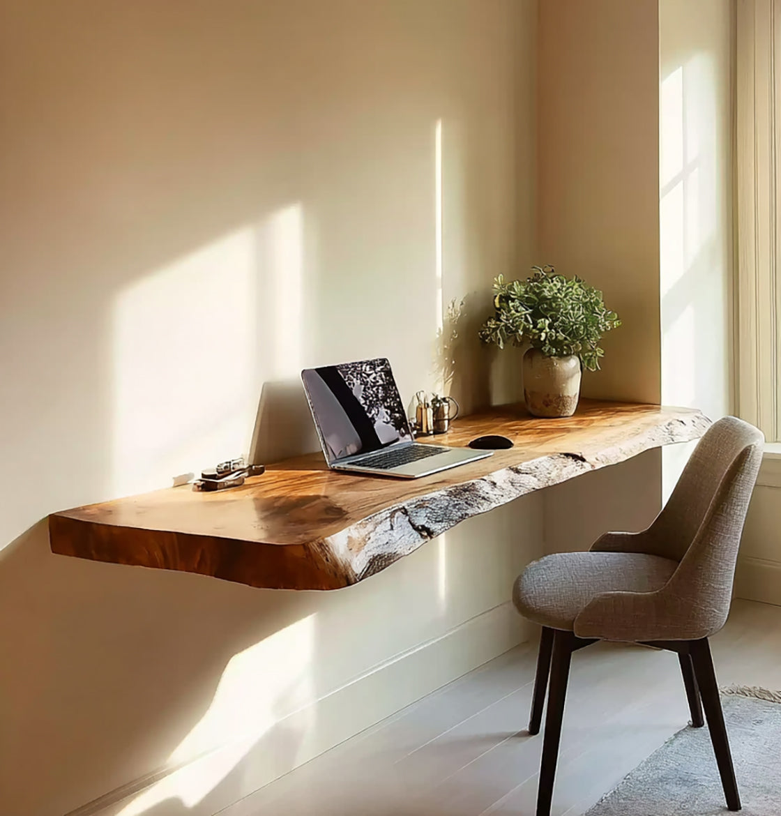 Live Edge Floating Desk – Handmade Solid Wood Wall Mounted Desk for Home Office