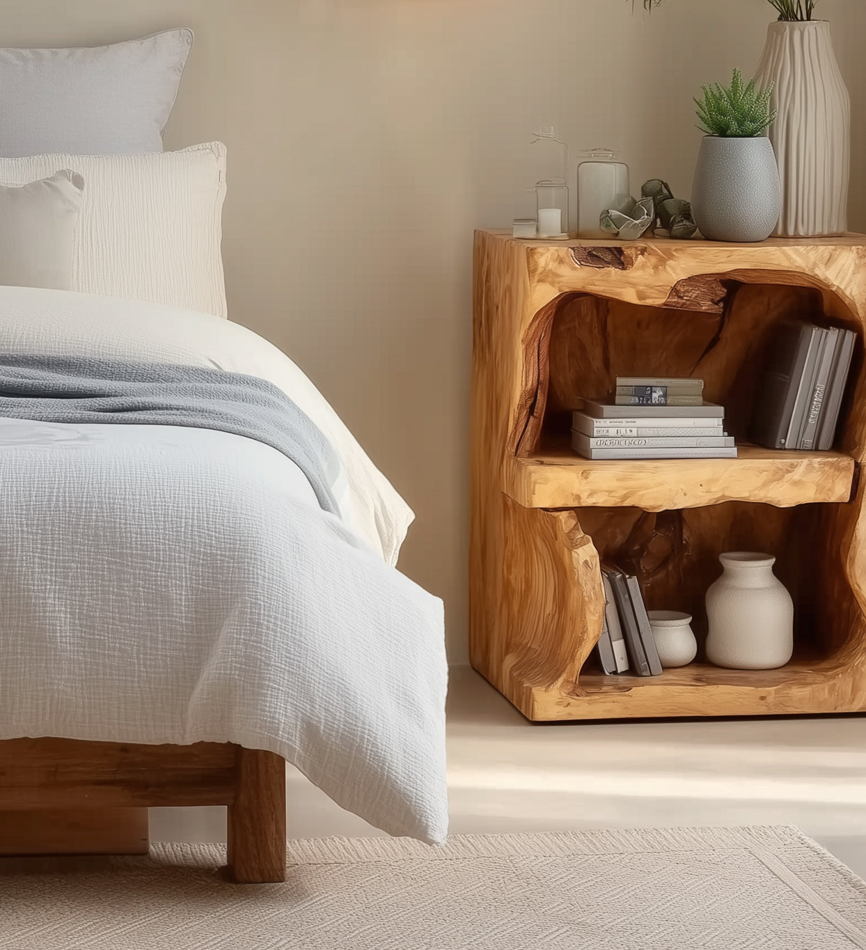 Handmade Nightstand with Drawer – Rustic Natural Wood Bedside Table for Bedroom