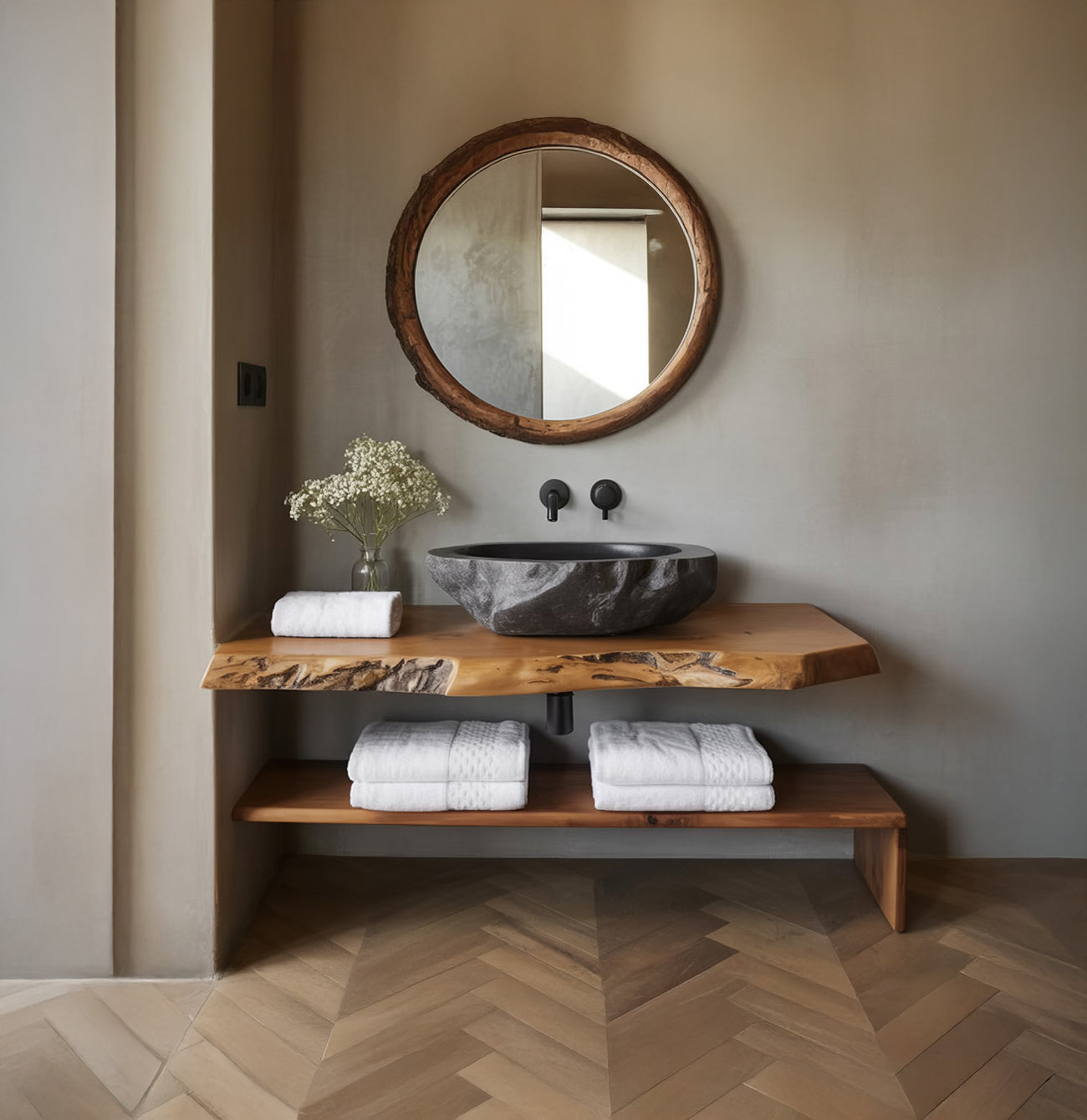 Étagère Murale Flottante en Bois Massif – Décoration Salle de Bain Unique