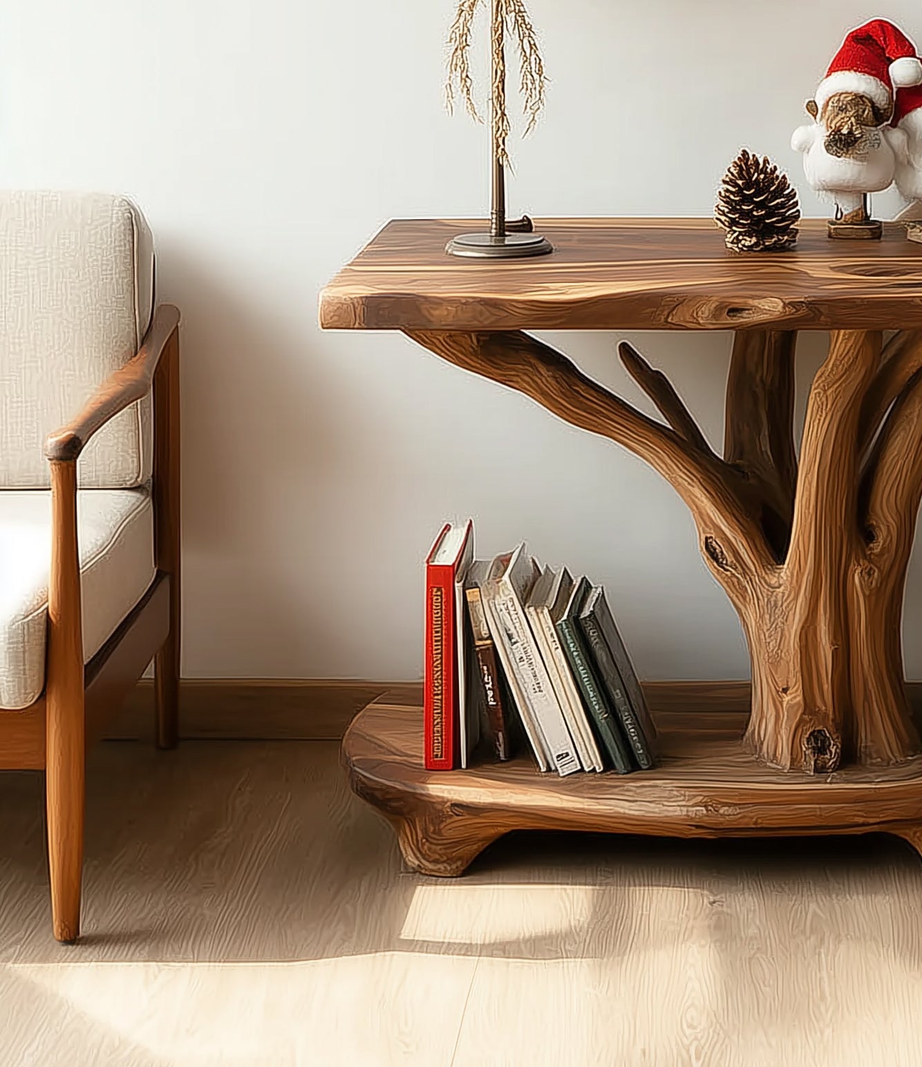 Rustic Solid Wood Side Table with Tree Branch Design – Handmade Natural End with Shelf Storage