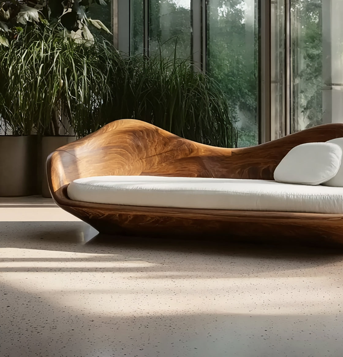 Elegant Modern Wooden Sofa with Sculptural Frame – Statement Living Room Piece