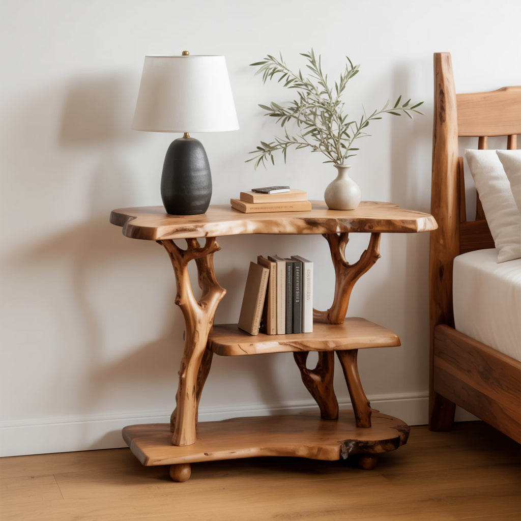 Table de Chevet Branche d’Arbre en Bois Massif – Étagère Rustique sur Pied
