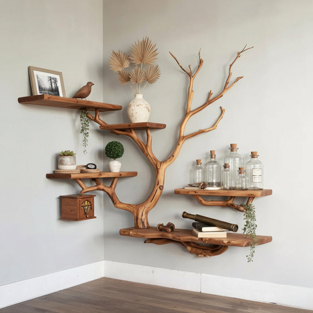 Handcrafted Tree Branch Wall Shelf – Solid Wood Sculptural Bookshelf