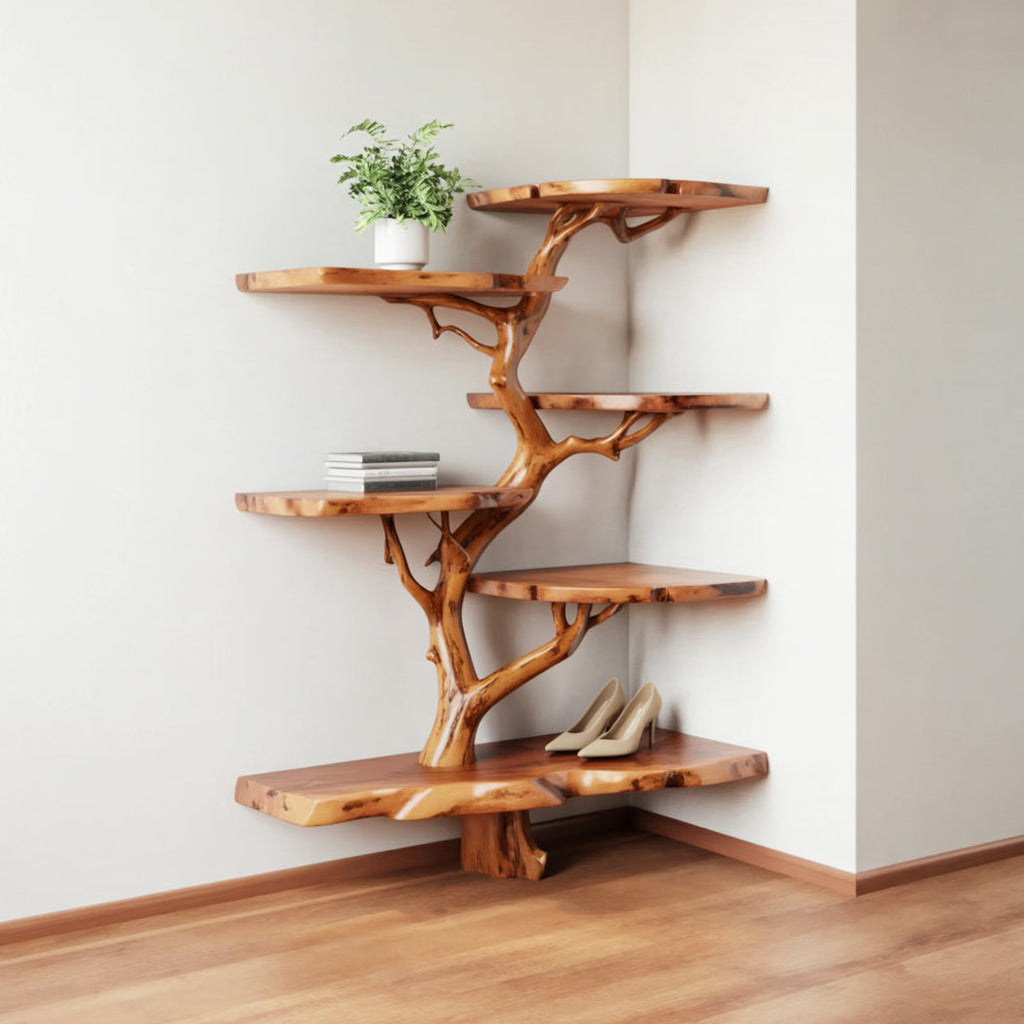 Corner Tree Shelf – Handcrafted Solid Wood Branch Shelf, Artistic Floating Corner Bookcase