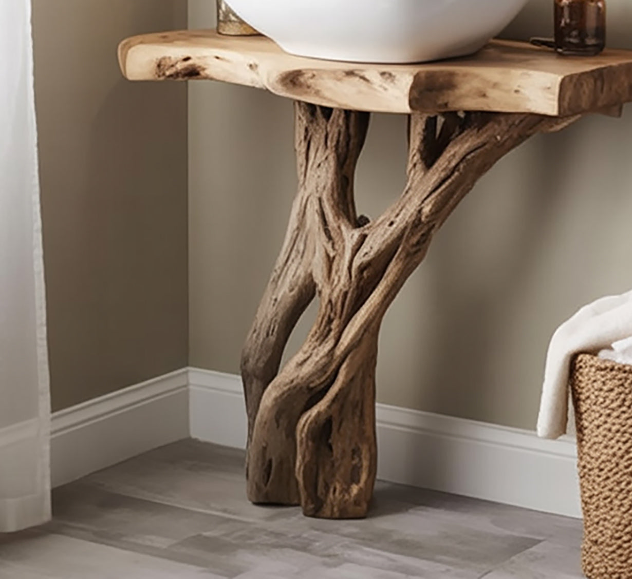 Rustic Solid Wood Bathroom Vanity with Natural Tree Root Base – Spa Style