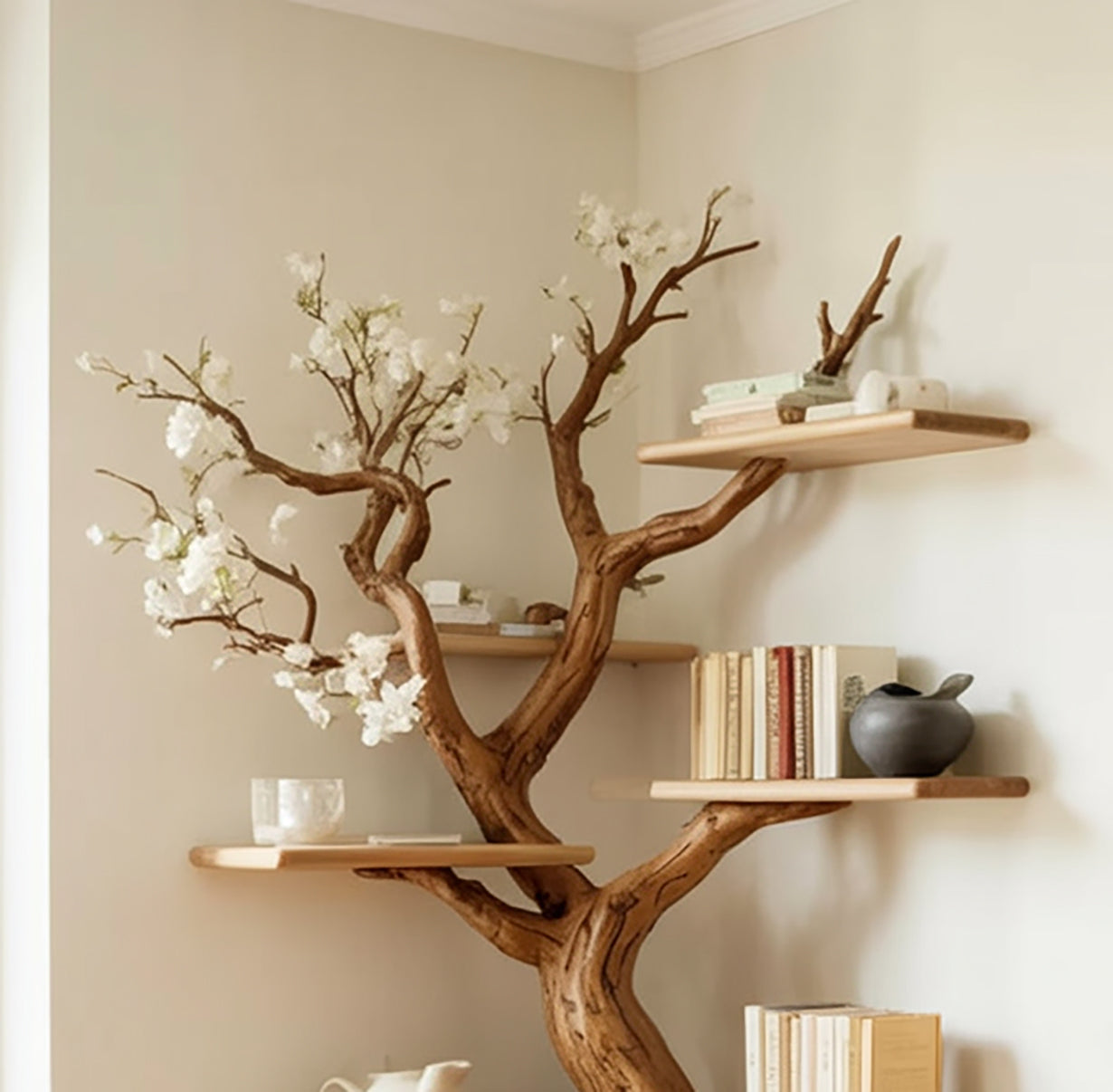 Bibliothèque Arbre d’Angle Rustique avec Bureau Intégré en Bois