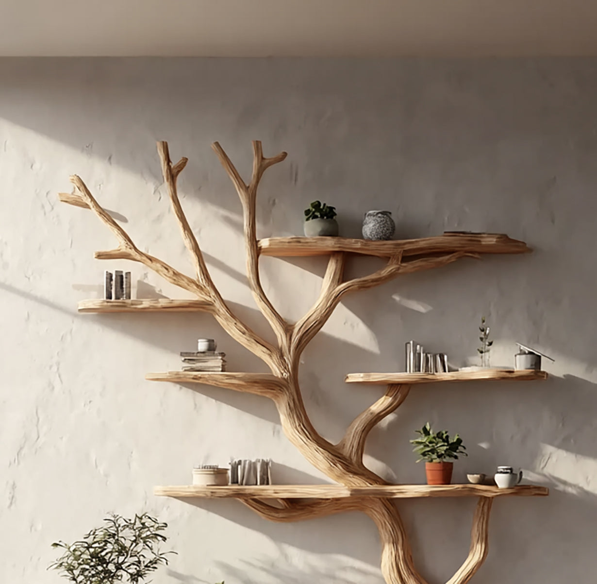 Handcrafted Tree Bookshelf – Organic Wood Branch Floating Wall Shelf