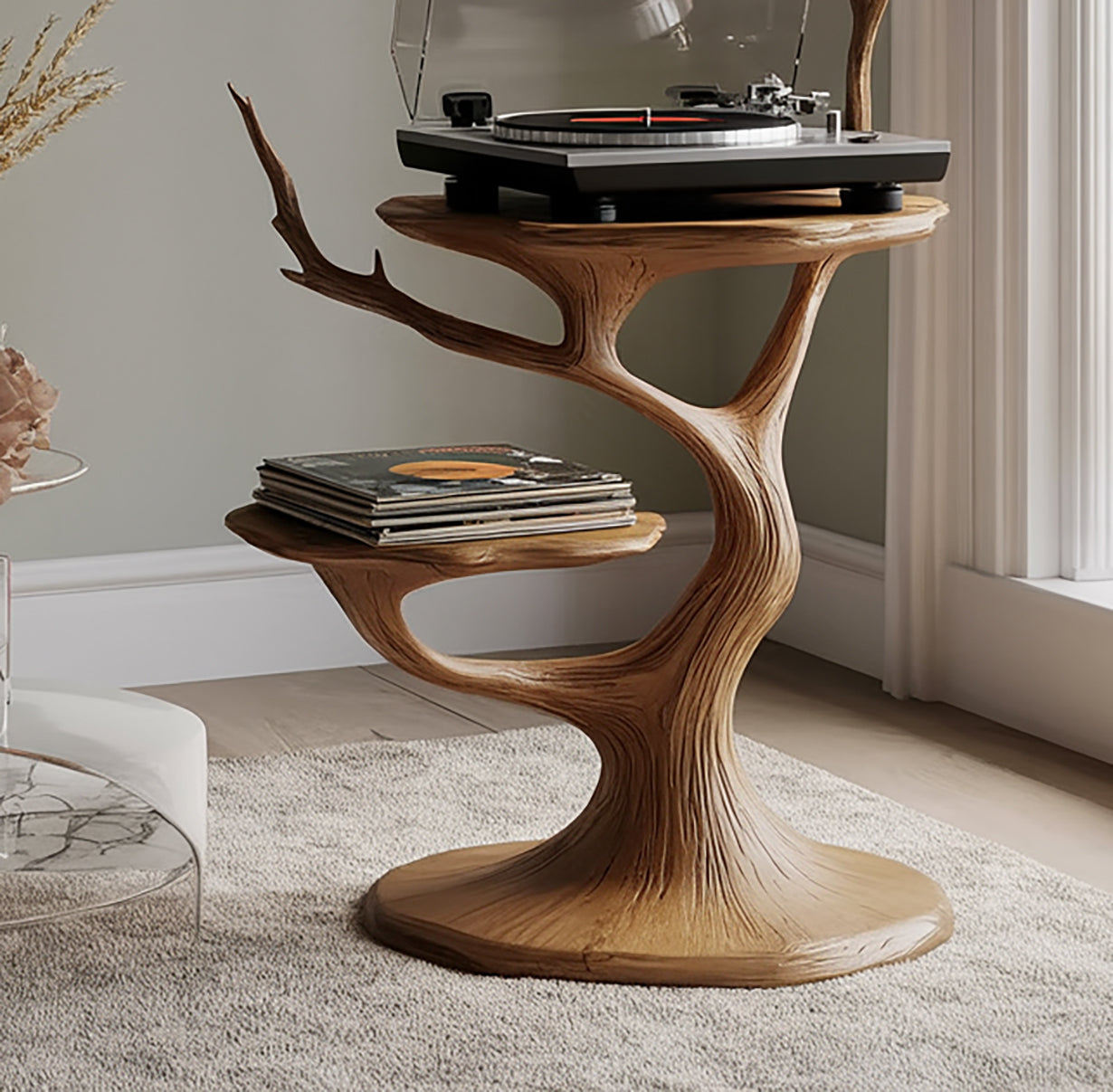 Handcrafted Solid Wood Record Player Stand – Sculptural Vinyl Turntable Table