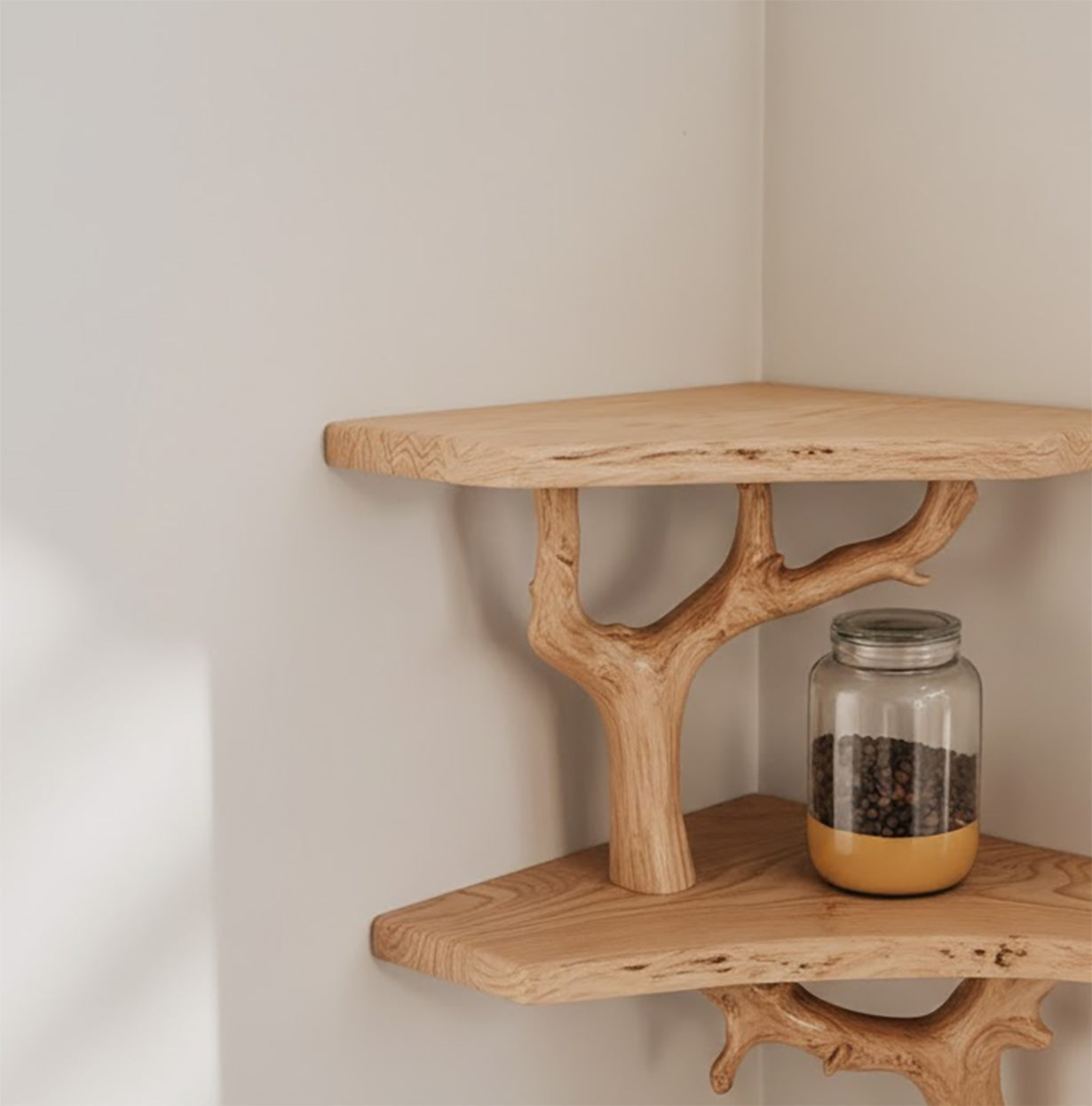 Étagère murale d’angle en bois flotté – Bibliothèque branche d’arbre