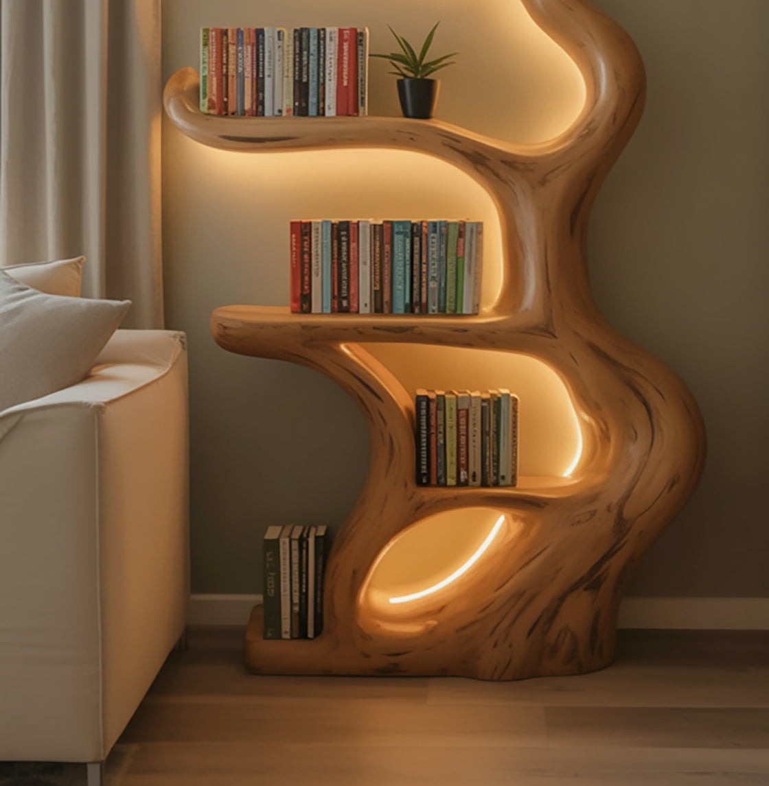 Rustic Live Edge Wooden Tree Bookshelf – Custom Wall Mounted Floating Shelf