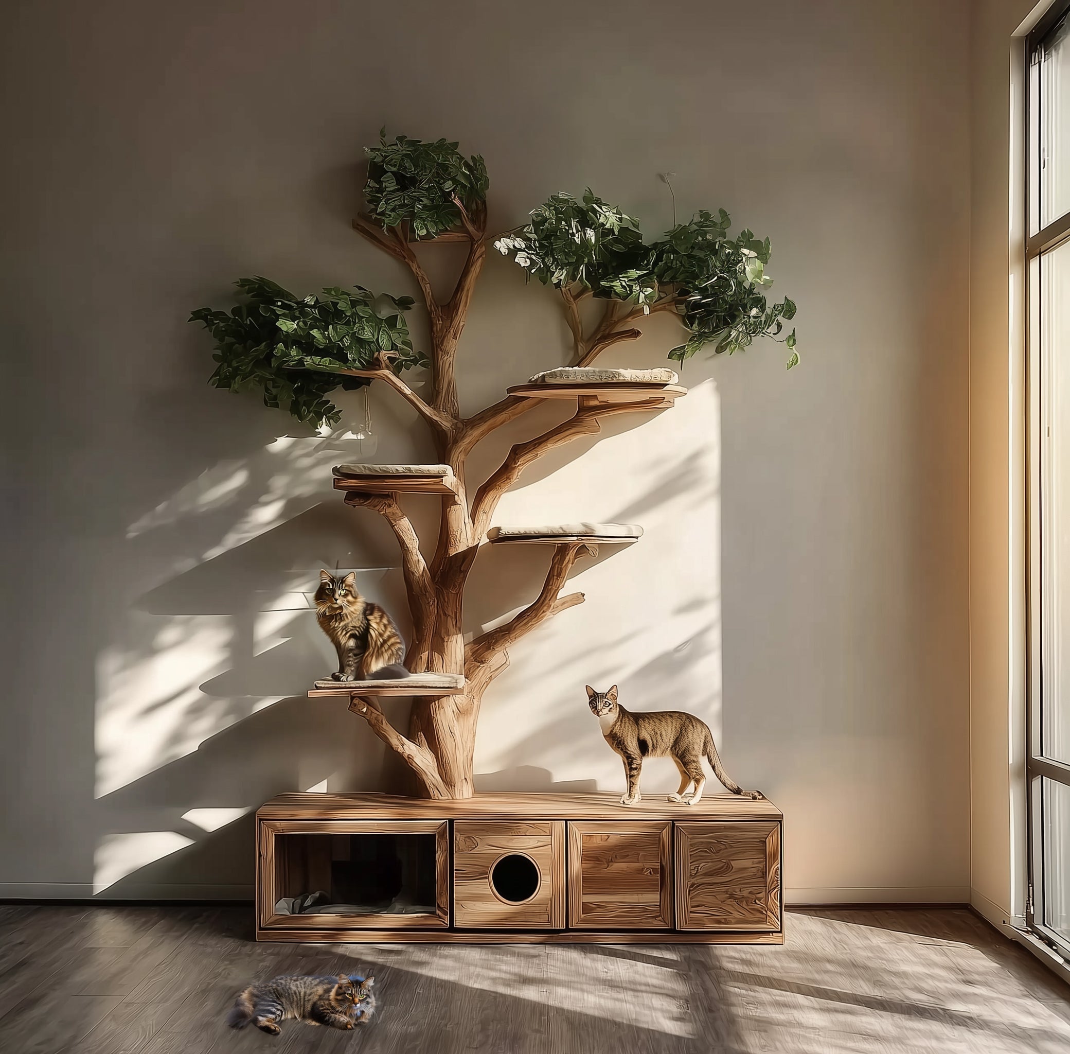 Handmade Wooden Cat Tree Tower – Rustic Furniture for Large Cats & Modern Pet Décor