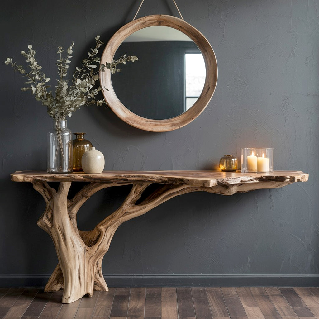 Natural Solid Wood Console Table – Handcrafted Sculptural Entryway Table