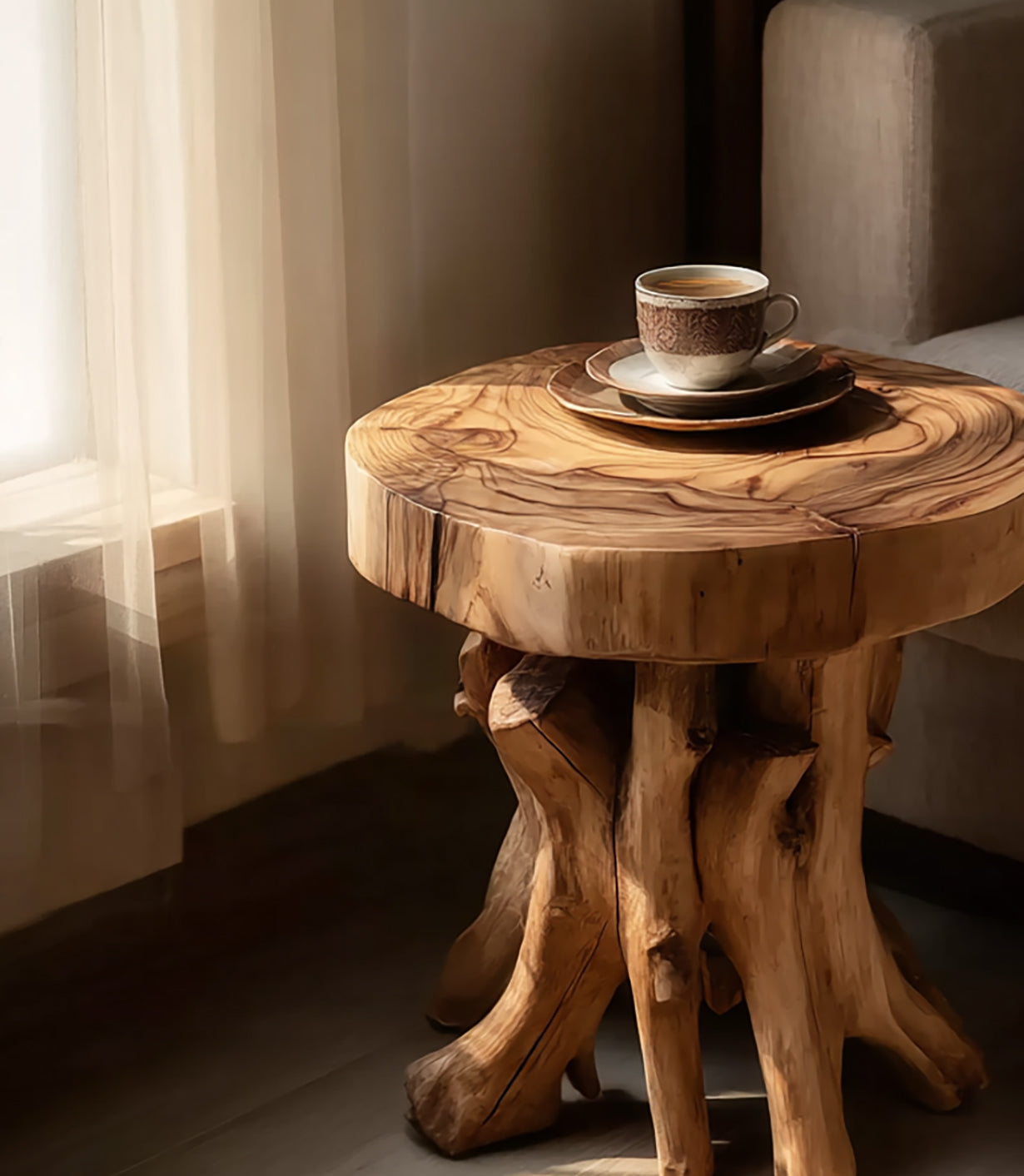 Handmade Solid Wood Side Table with Tree Trunk Base – Rustic Round End with Two Shelves